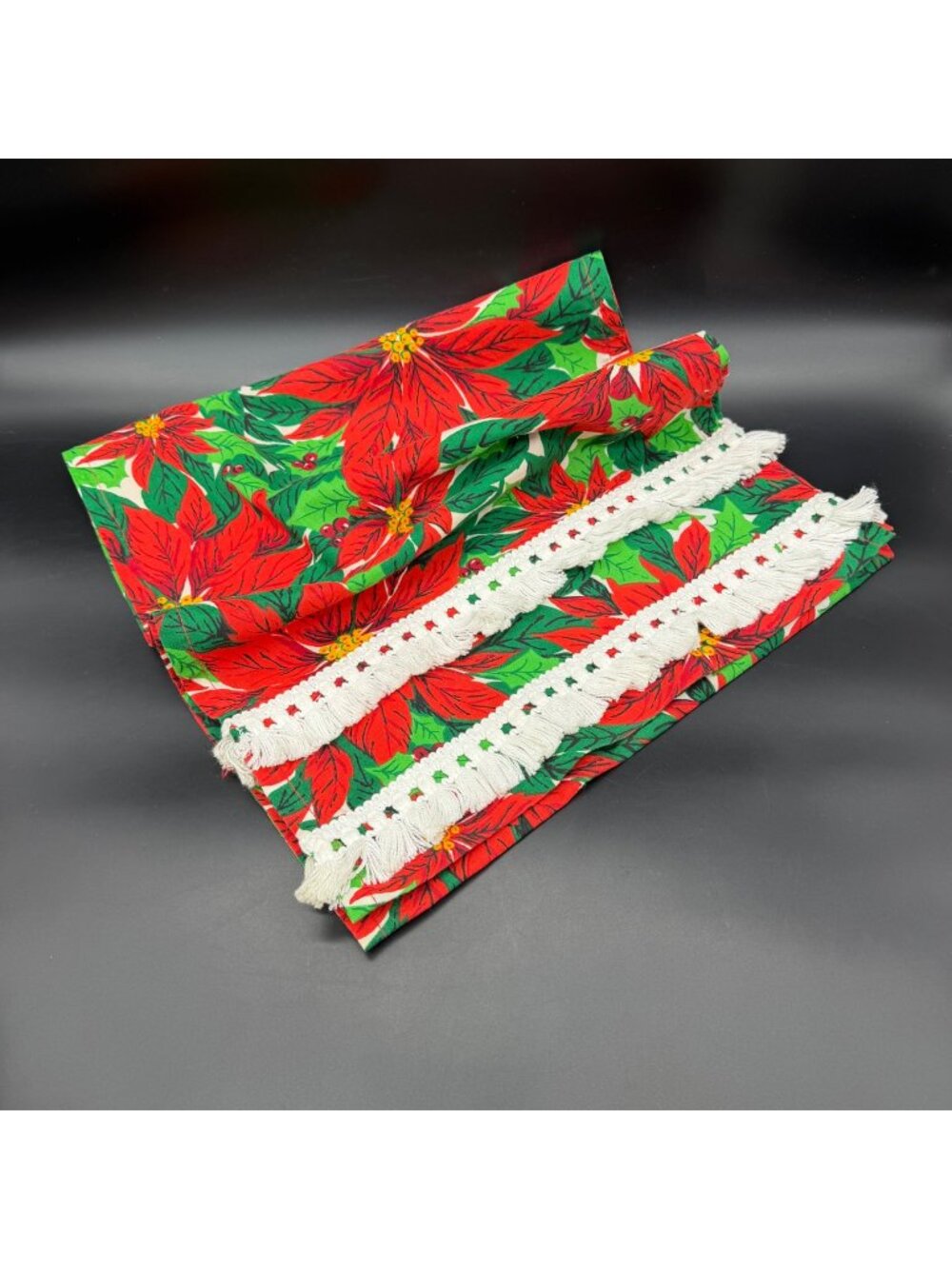 Vintage Christmas Poinsettia Table Runner Fringe Handmade Retro Table Decor